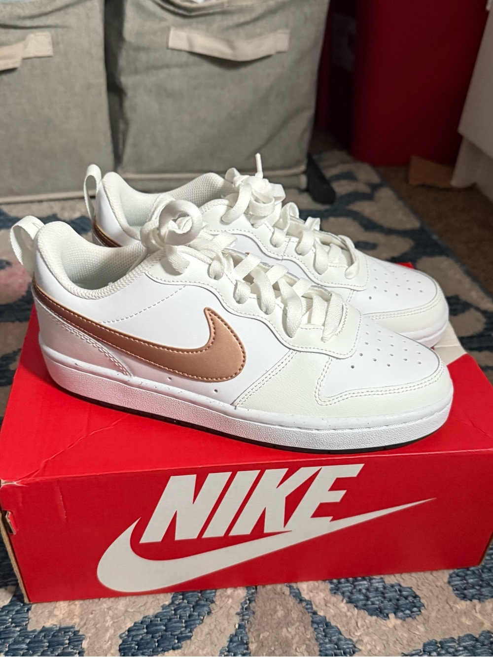 Nike Kids White Sneakers with Metallic Rose Swoosh